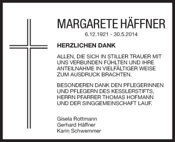Traueranzeige von Margarete Häffner von Pegnitz-Zeitung